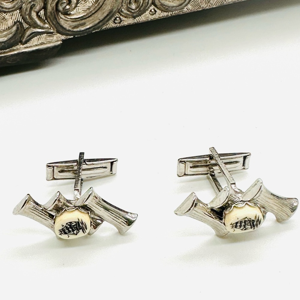 Vintage Scrimshaw Ship silver cufflinks